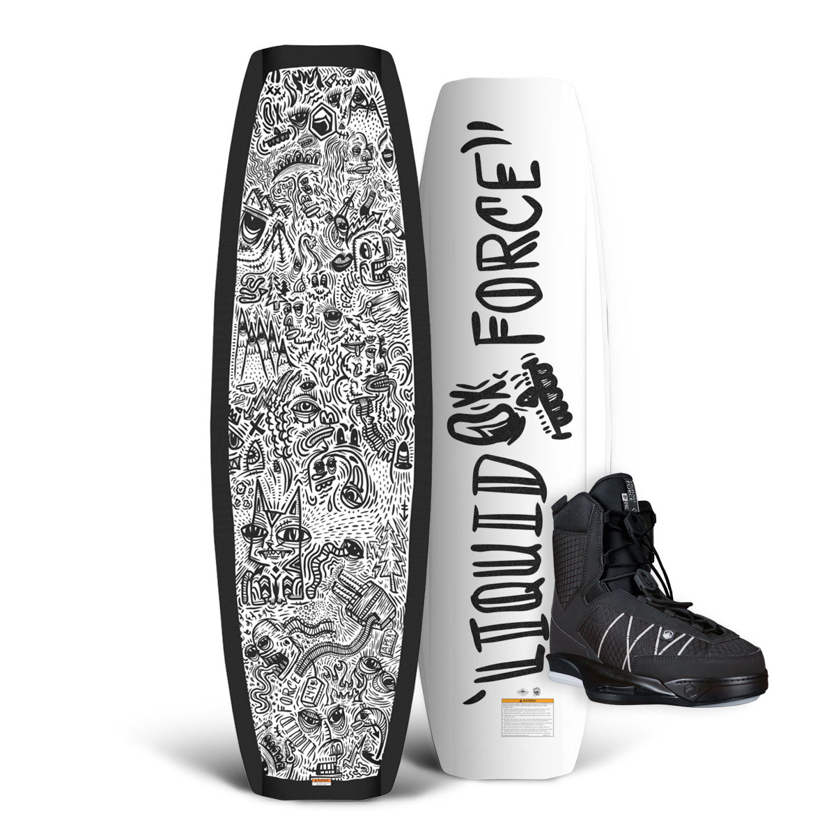 Top and bottom view of Apex w/ TAO 6X: black &amp; white abstract design, features Liquid Force text.