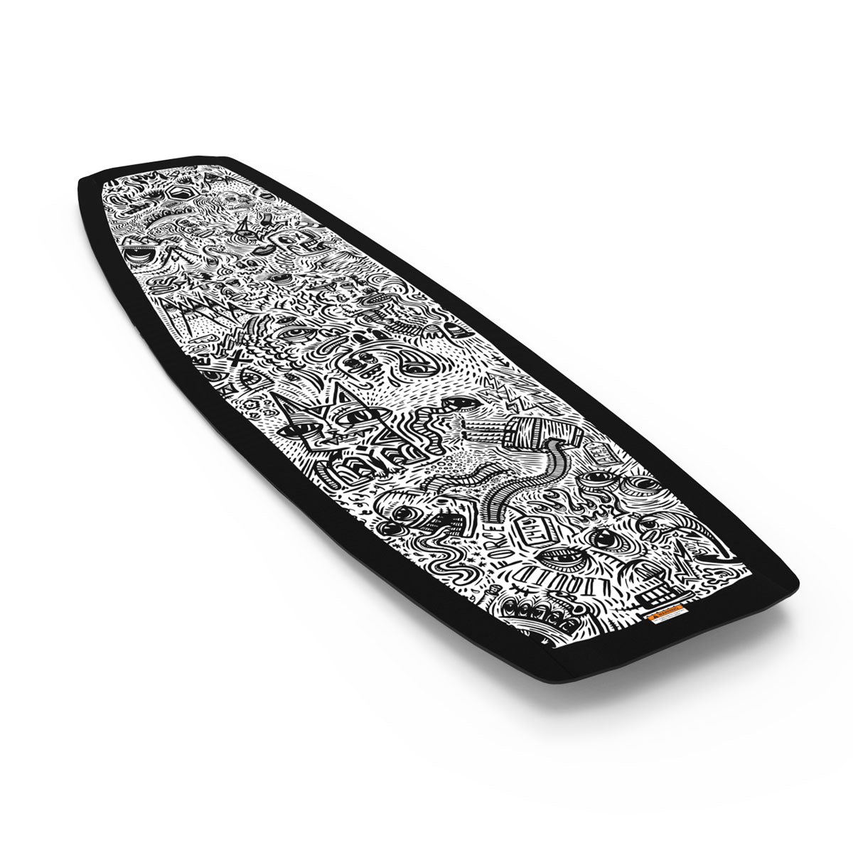Top and bottom view of Liquid Force park wakeboard with black doodles and black border on top, clean sleek white base and branding on the bottom.