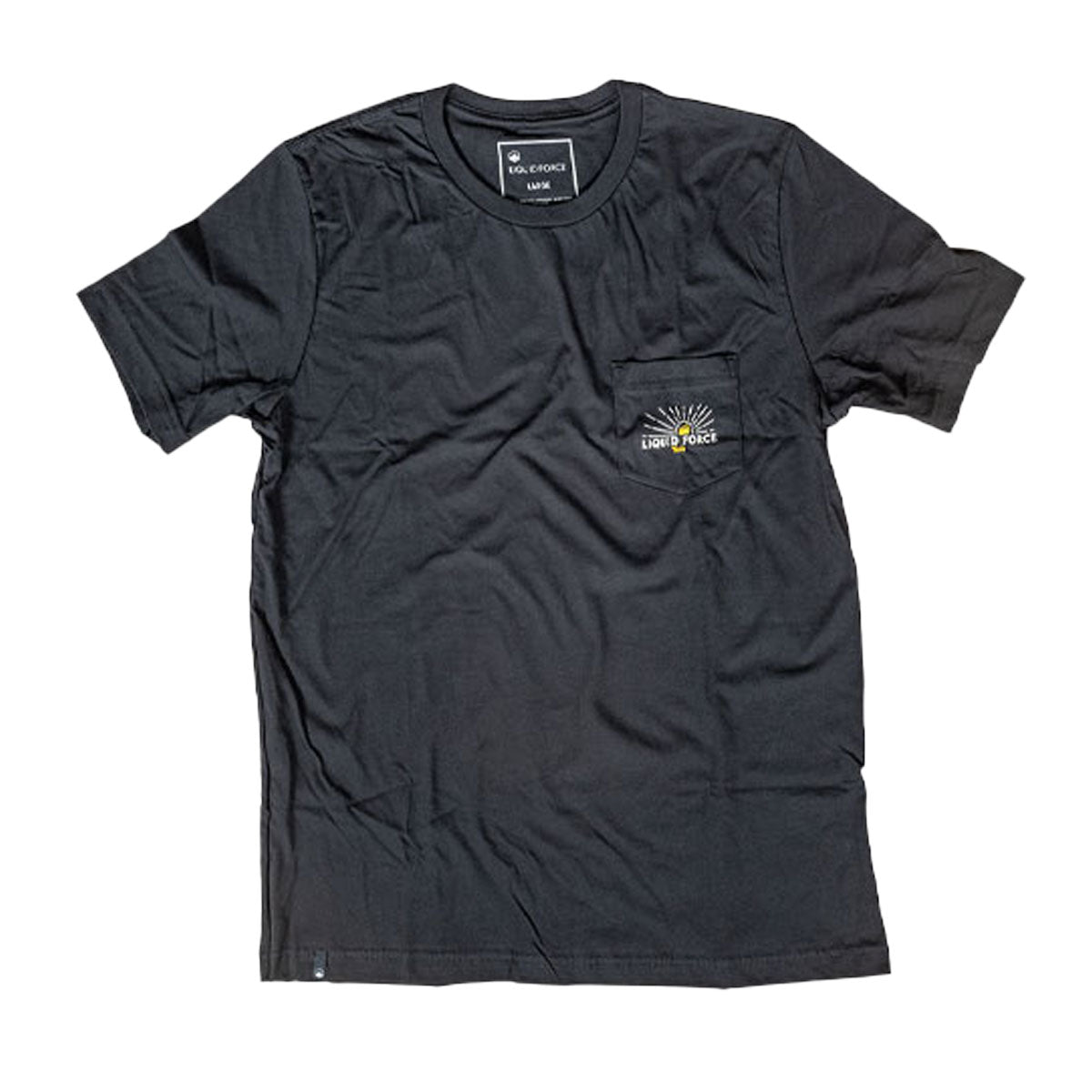Alpine Pocket Tee - Black with small sunburst logo on the left chest pocket.