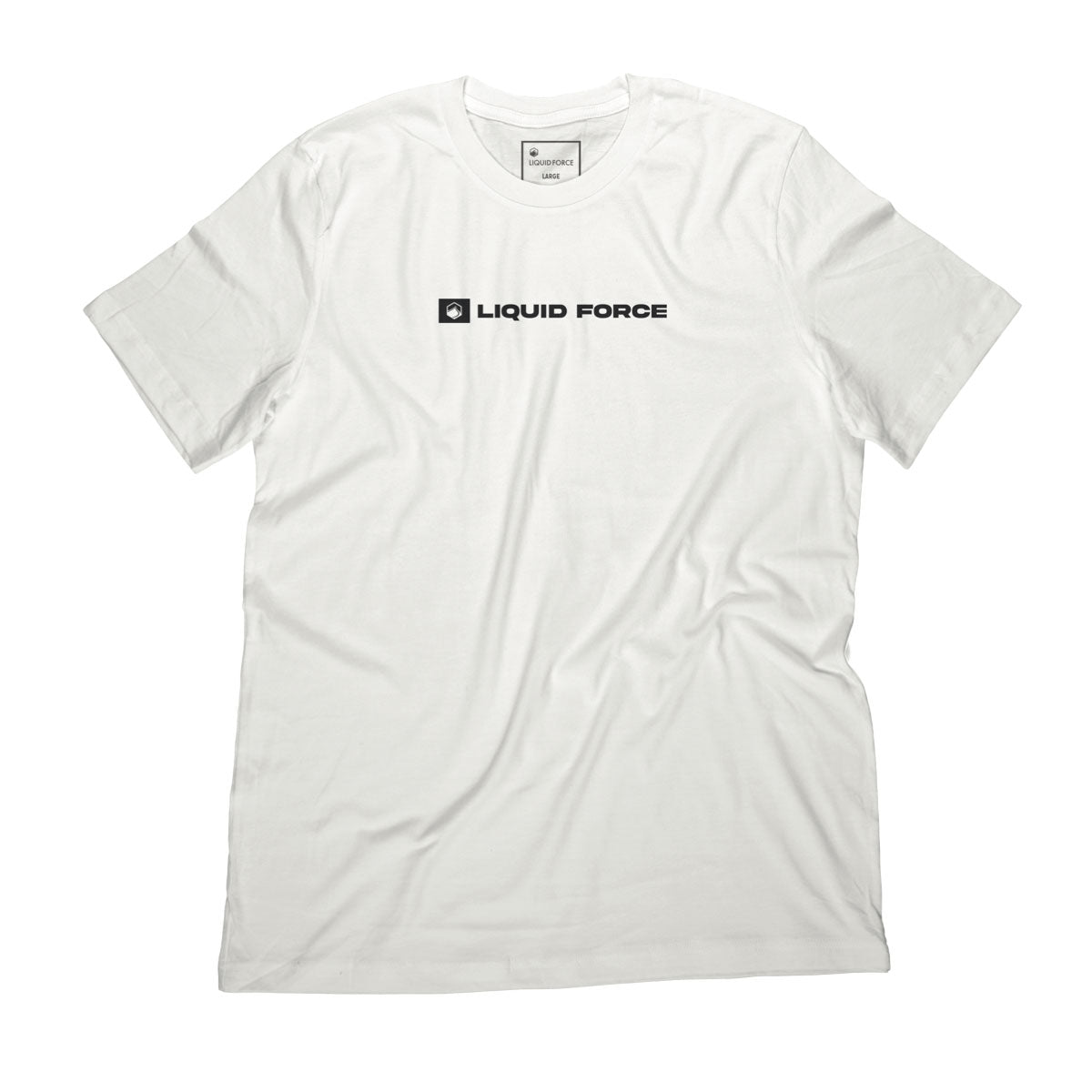 White Basic Tee with Liquid Force in bold black on the front.
