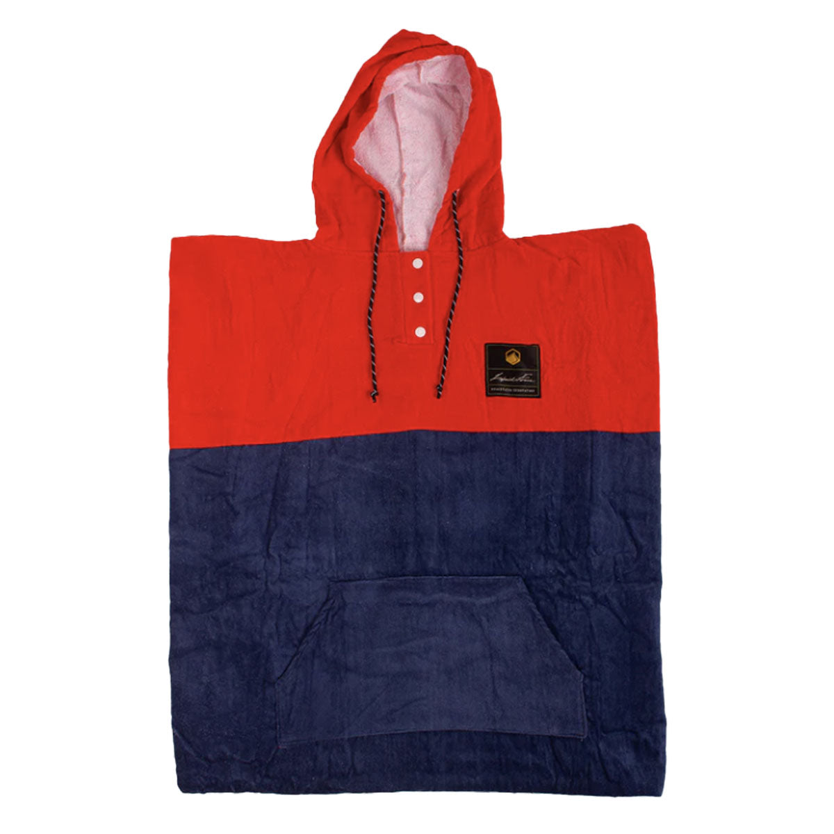 Block Changer Towel: Red/blue, hooded, front buttons, chest patch.