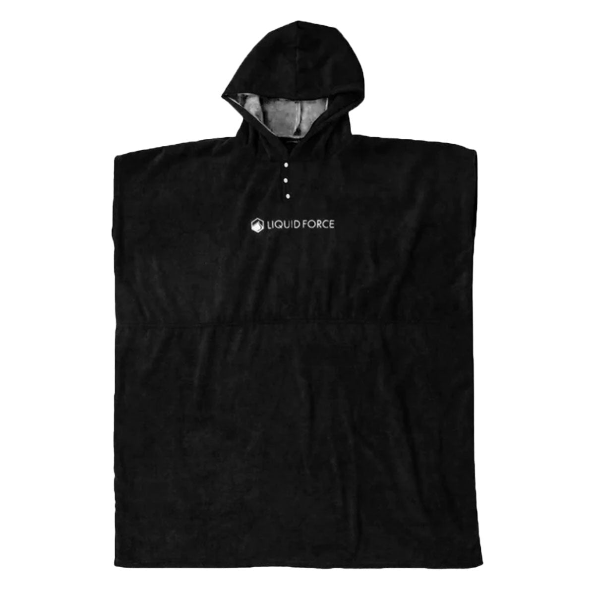 Hex Changer Towel: Black hooded design with Liquid Force logo on the chest.