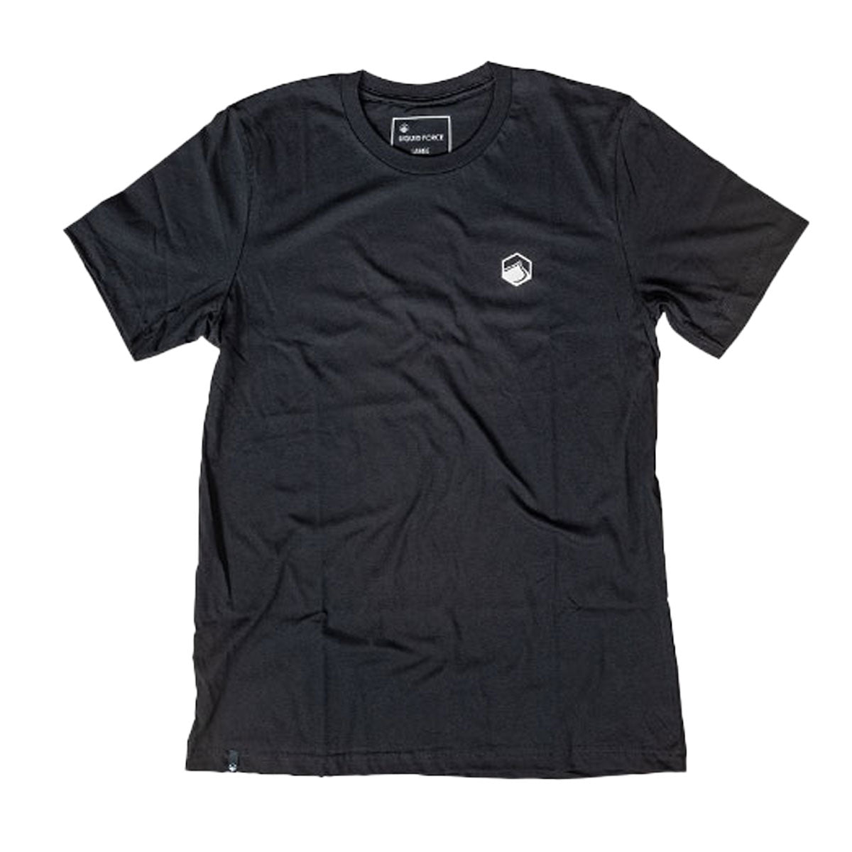 Hex Icon Tee - Black with small white hexagonal logo on left chest.