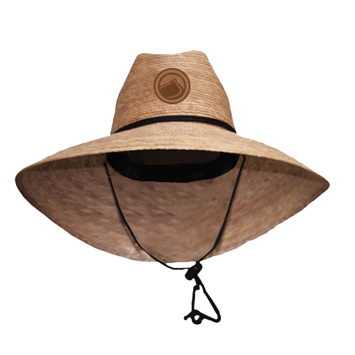Tradition Straw Lifeguard Hat with wide brim, chin strap, and front logo.