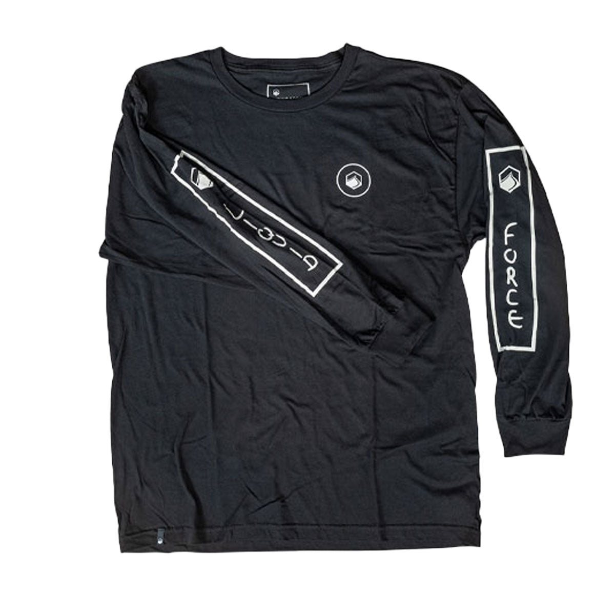 Identity LS Tee, black, with white geometric designs on the sleeves.