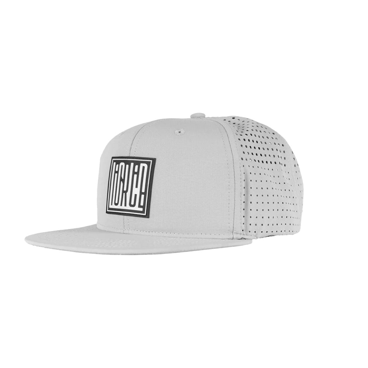 Illusion 6-Panel Snapback Hat: Gray, square logo front, perforated sides.