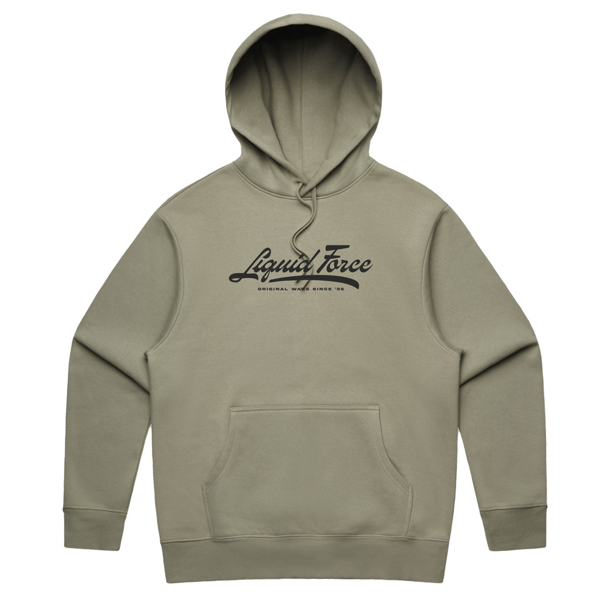 League Hoody: Olive with Liquid Force logo & kangaroo pocket.