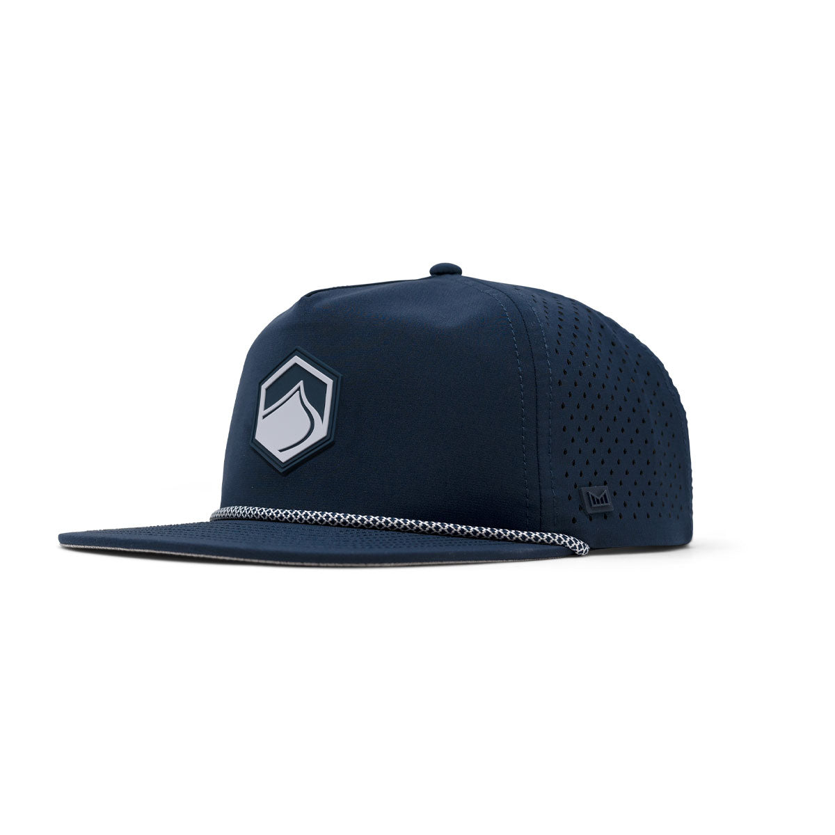LF x melin Coronado Hydro snapback hat: dark blue, hexagon logo, perforated back.