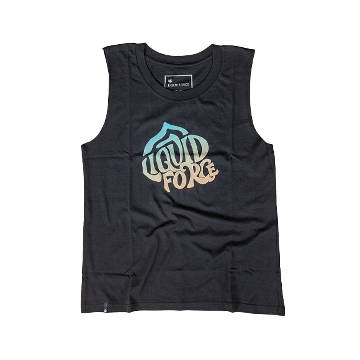Womens Name Drop Tank: Black sleeveless T-shirt with Liquid Force logo.