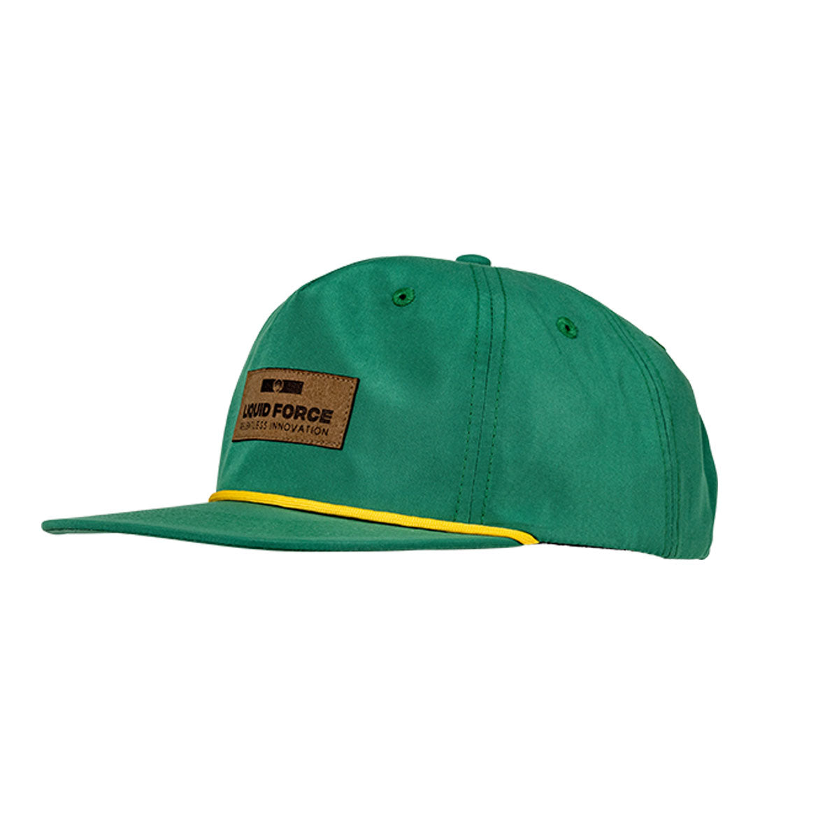 Relentless Snapback Hat: Green with brown patch, yellow-trimmed bill.