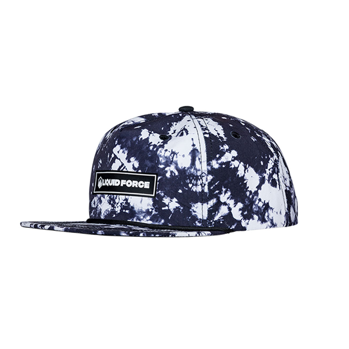 Revert Snapback Hat: black and white tie-dye with Liquid Force logo patch on the front.