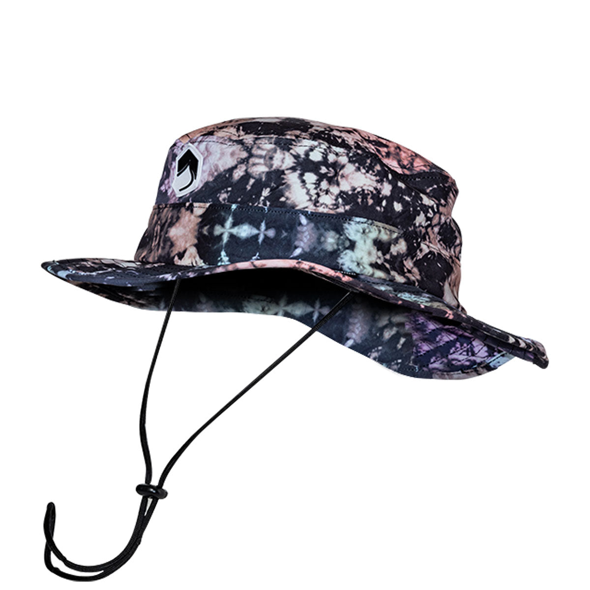 Shady Boonie Hat: Tie-dye with strap and abstract pattern in purple, black, beige.