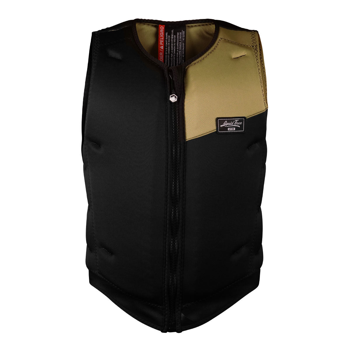 Front view of Black and tan Arc Comp vest with front zipper and chest label, viewed from the front.