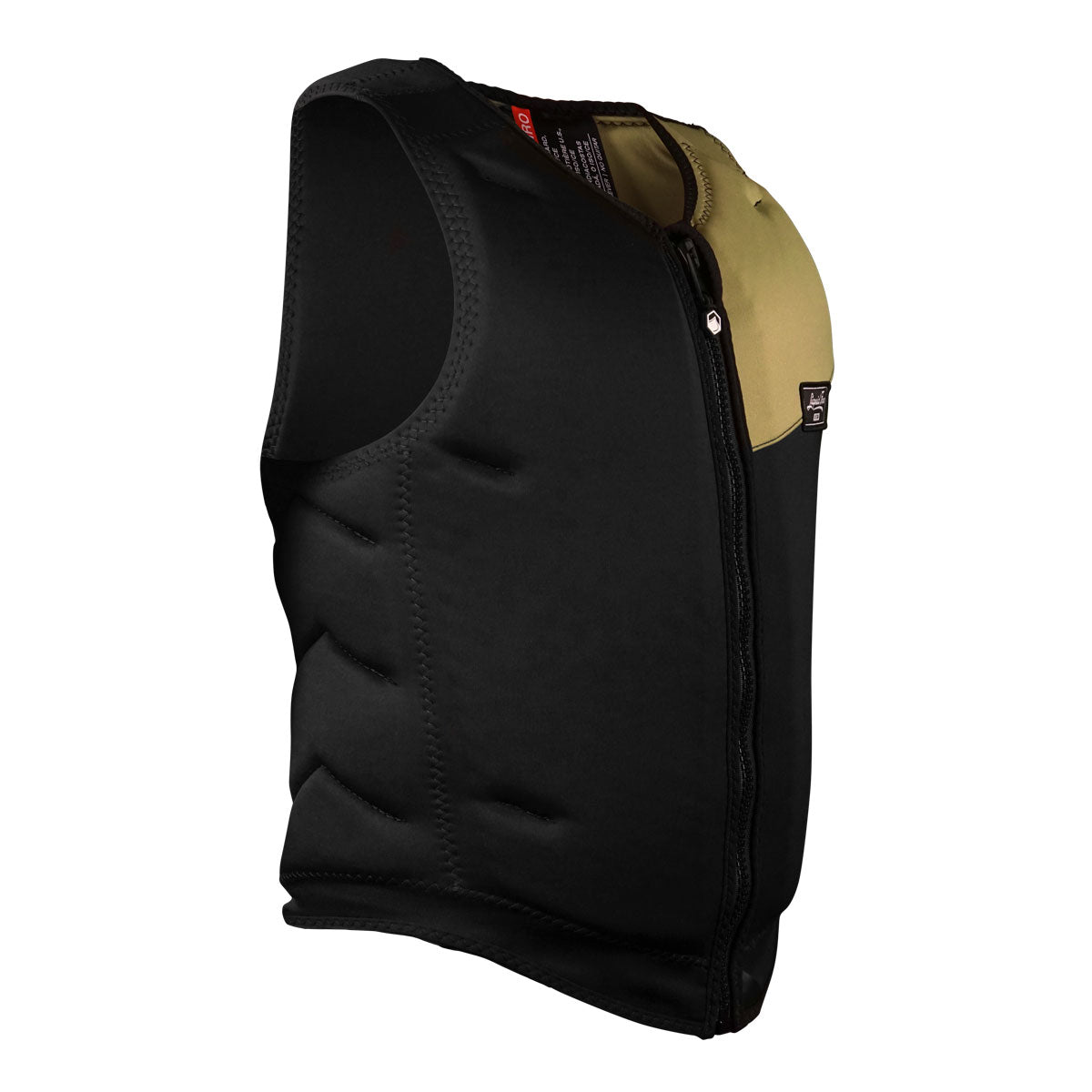 Front angled view of Arc Comp vest in black/tan, front zipper, side view.