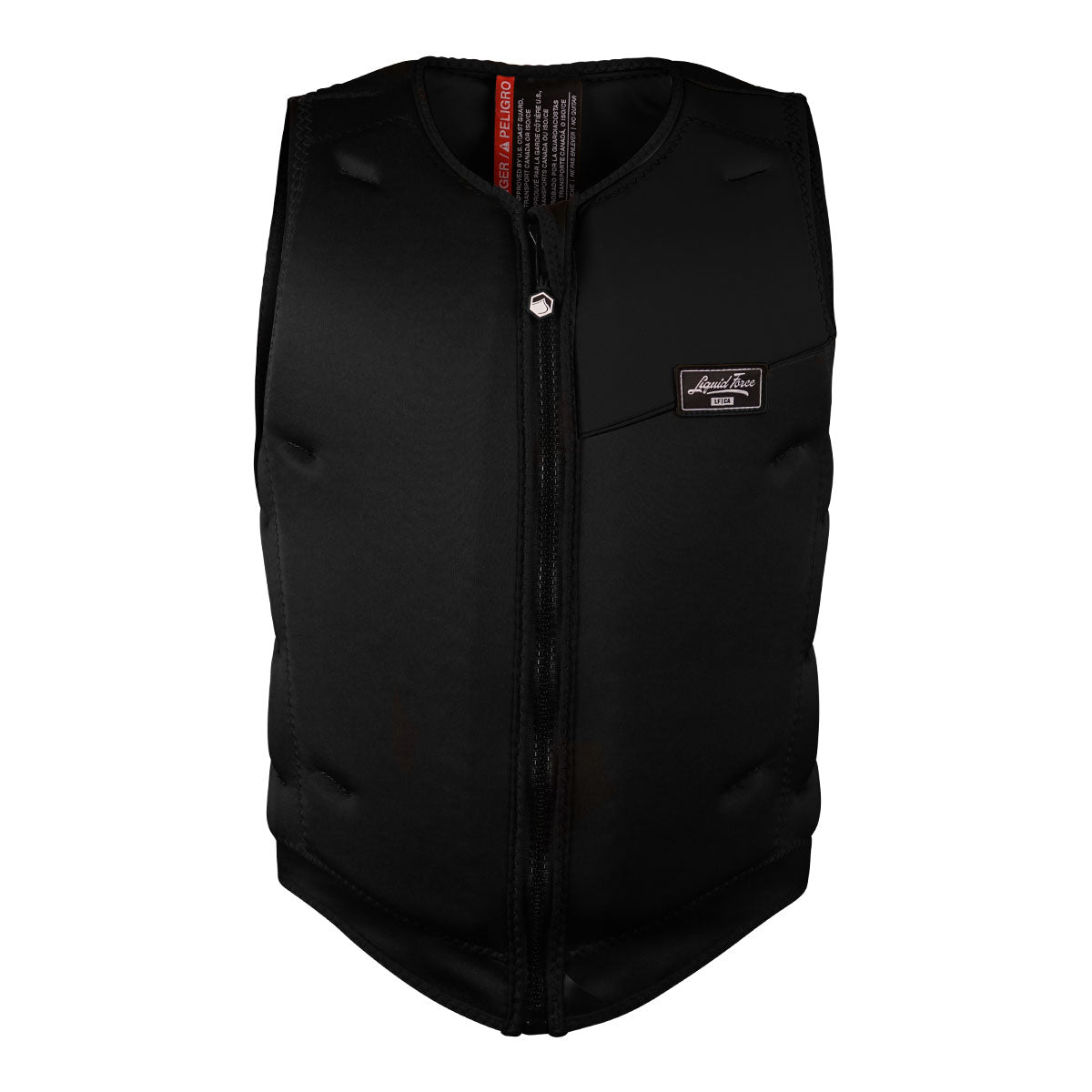 Front view of Arc Comp vest in black with front zipper and chest pocket.