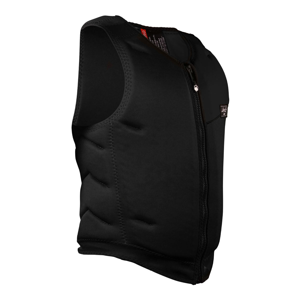 Front angled view of Arc Comp vest; black, front zipper, small chest logo.