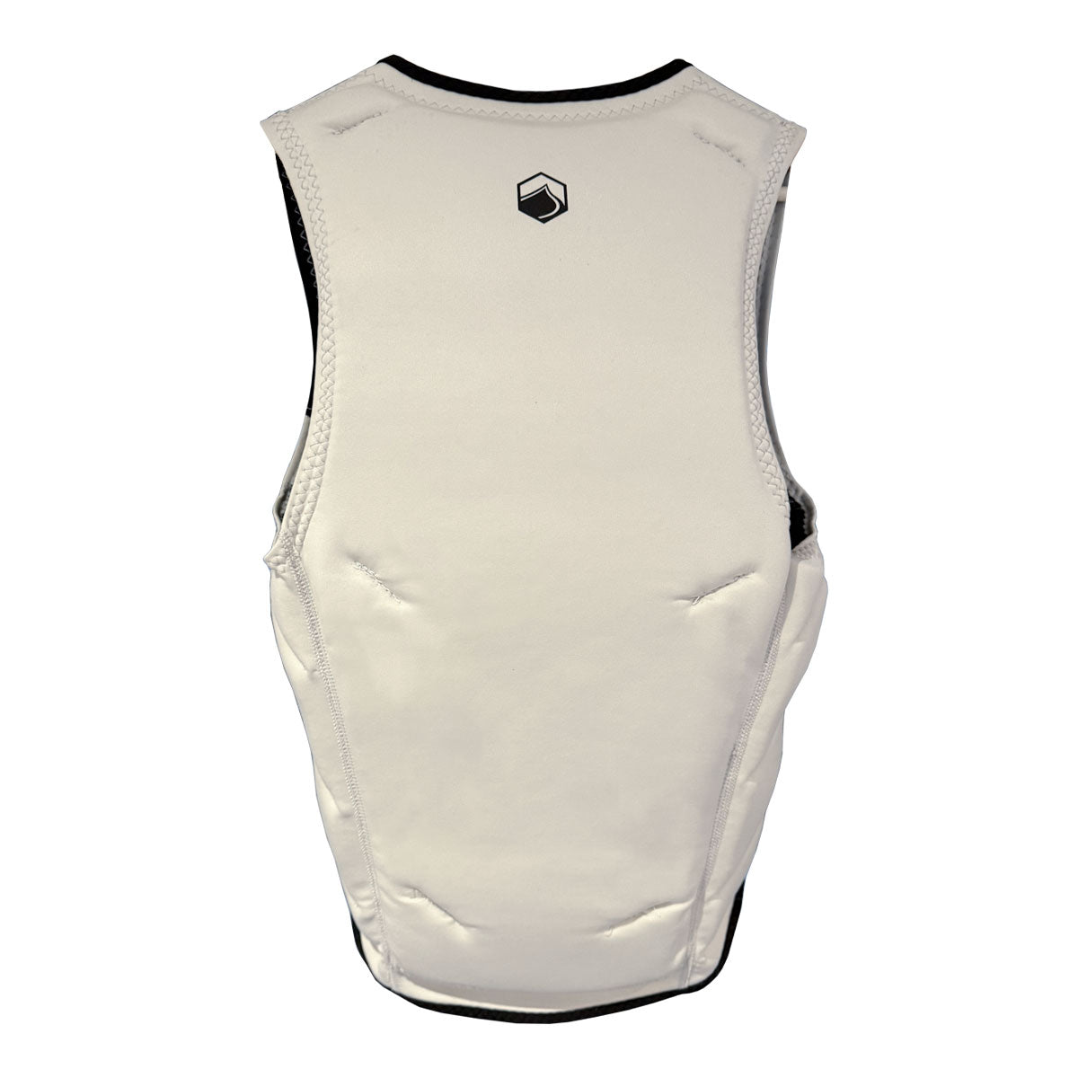 Rear view of Arc Comp white padded vest with small logo on upper back.