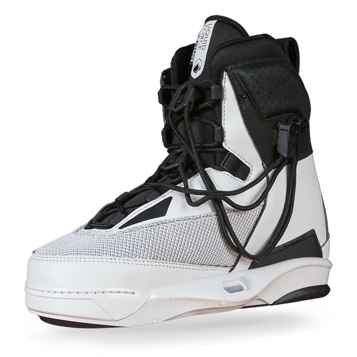 Liquid Force high-cuff bindings in black and white, lace-up style and geometric design.