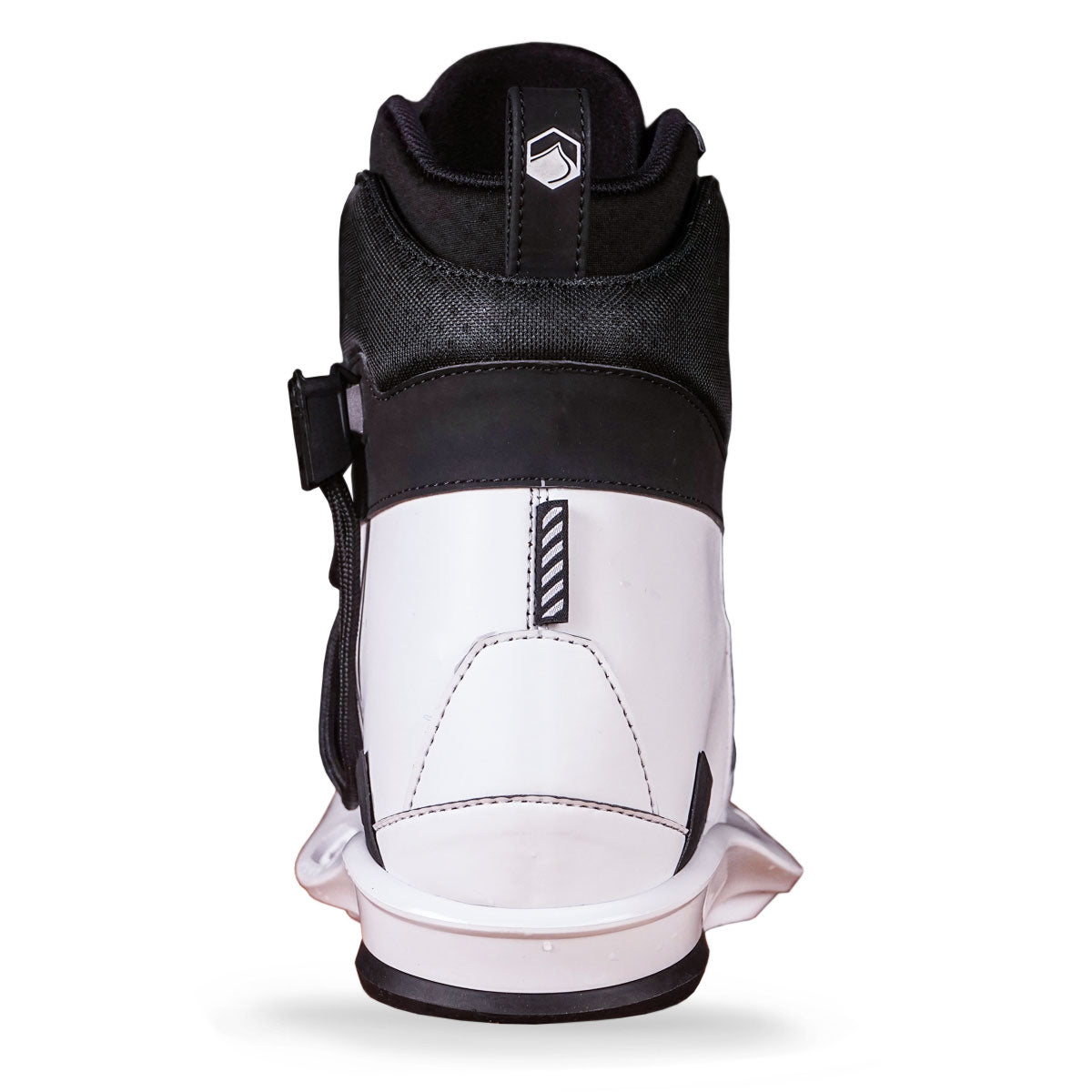 Liquid Force black &amp; white geometric high-top sneaker, with a padded collar, reminiscent of wakeboard bindings, viewed from the back.