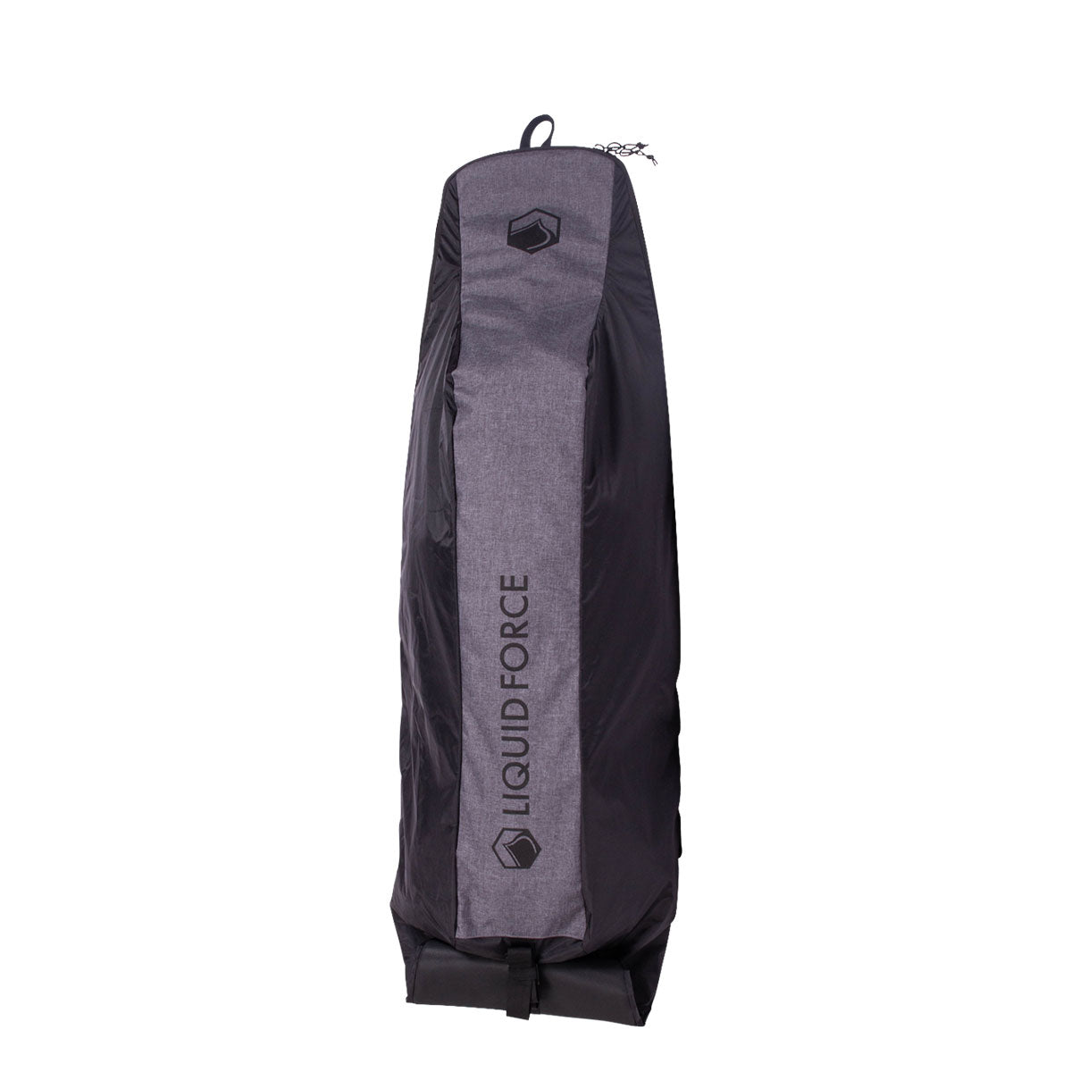 Upright black and gray Adjustable wakeboard bag with backpack straps for easy carry by Liquid Force on white background.