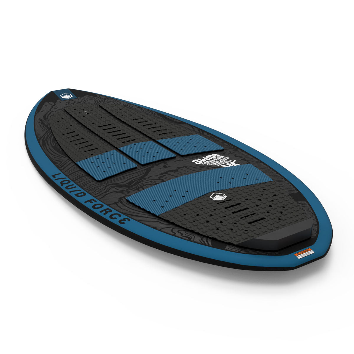 Top and bottom view of Blade surfboard: blue wave design with textured grip pads.