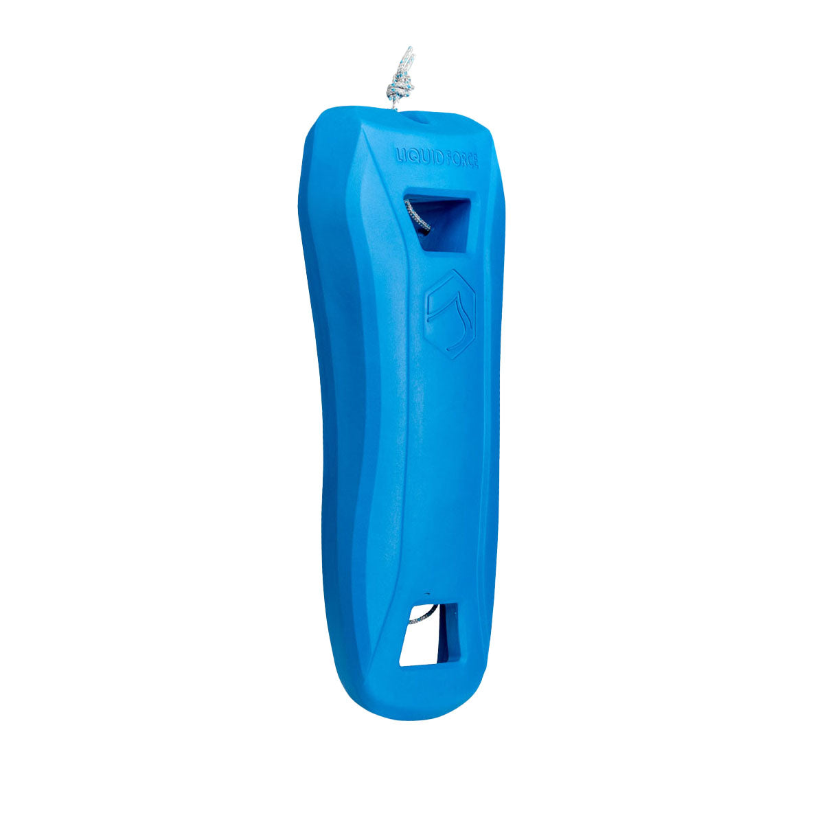 Front angled view of liquid force boat defender in Blue, includes rope to secure product and made of EVA injected foam.