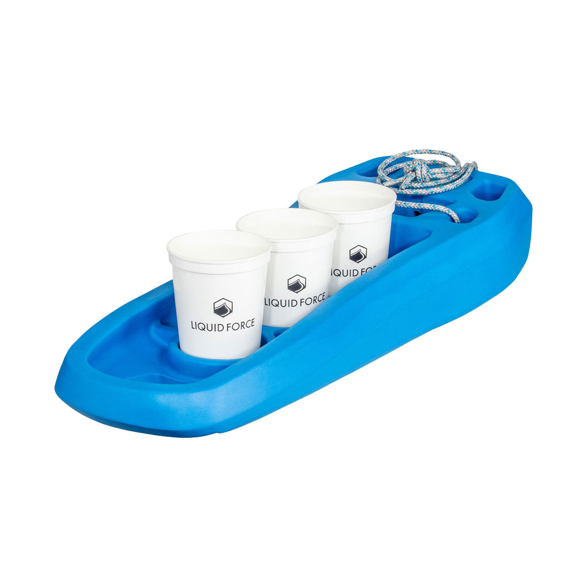 Angled rear view of liquid force boat defender in Blue, includes rope to secure product and made of EVA injected foam. Doubles as a cup holder, three cups on display.