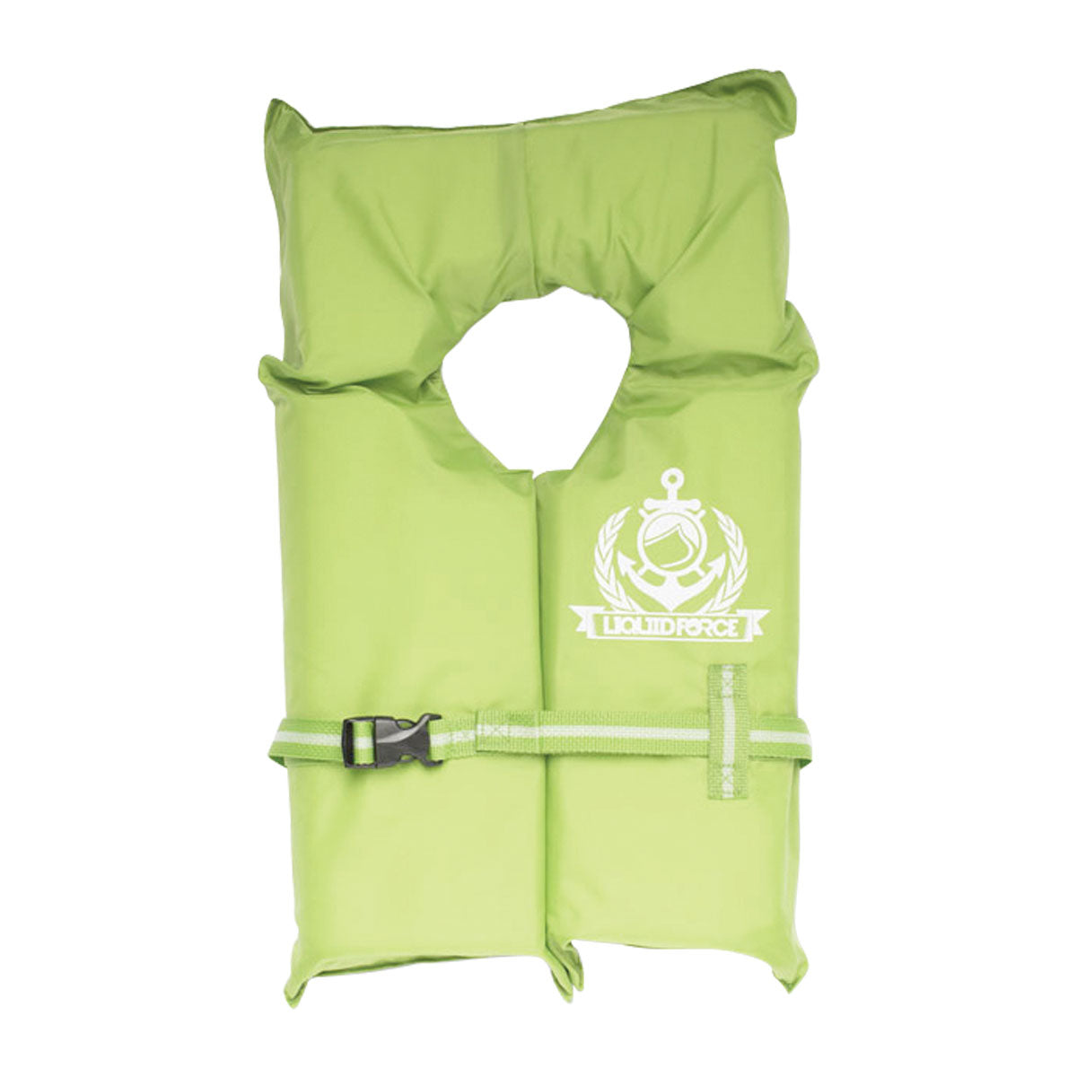 Front view of Boaters Safety CGA has a green life jacket with white logo and black buckle strap.