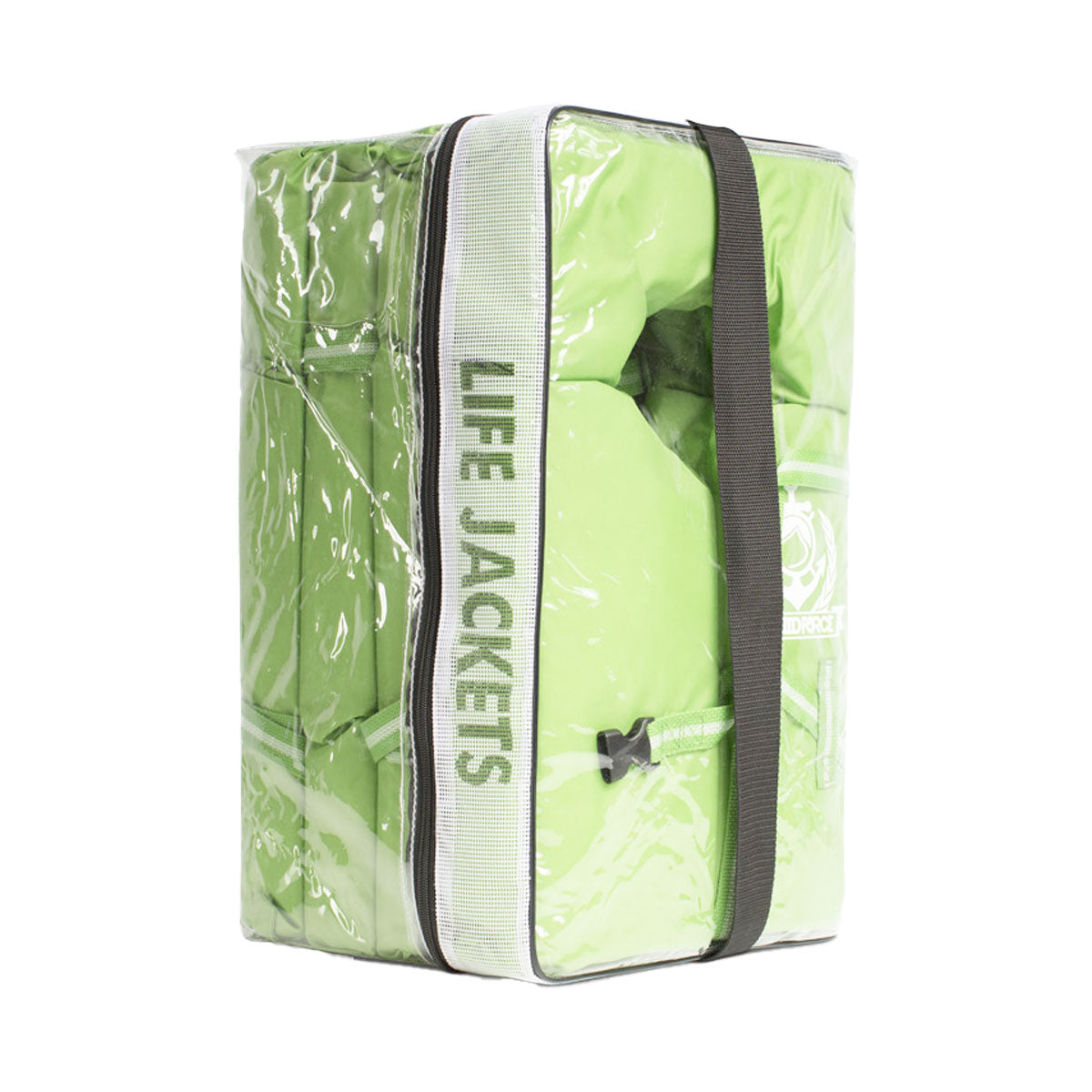 Front view of Boaters Safety CGA has a green life jacket with white logo and black buckle strap.