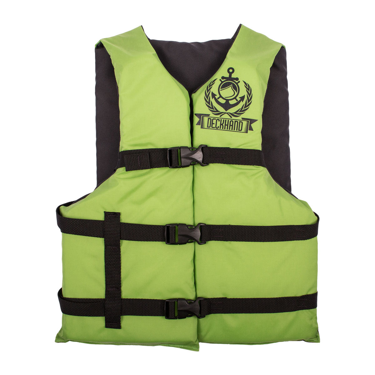 Front view of Captain Scallywag CGA life jacket (4 pack) with black straps, anchor logo on chest.