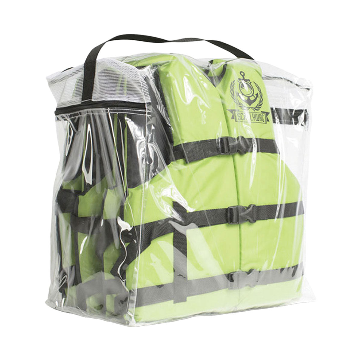 Front view of Captain Scallywag CGA life jacket (4 pack) with black straps, anchor logo on chest.