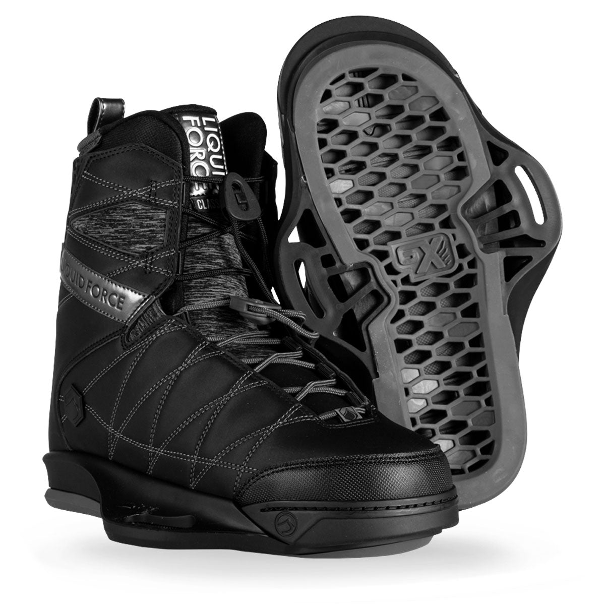 Black wake bindings with gray accents and laces, featuring logos on the side and tongue.