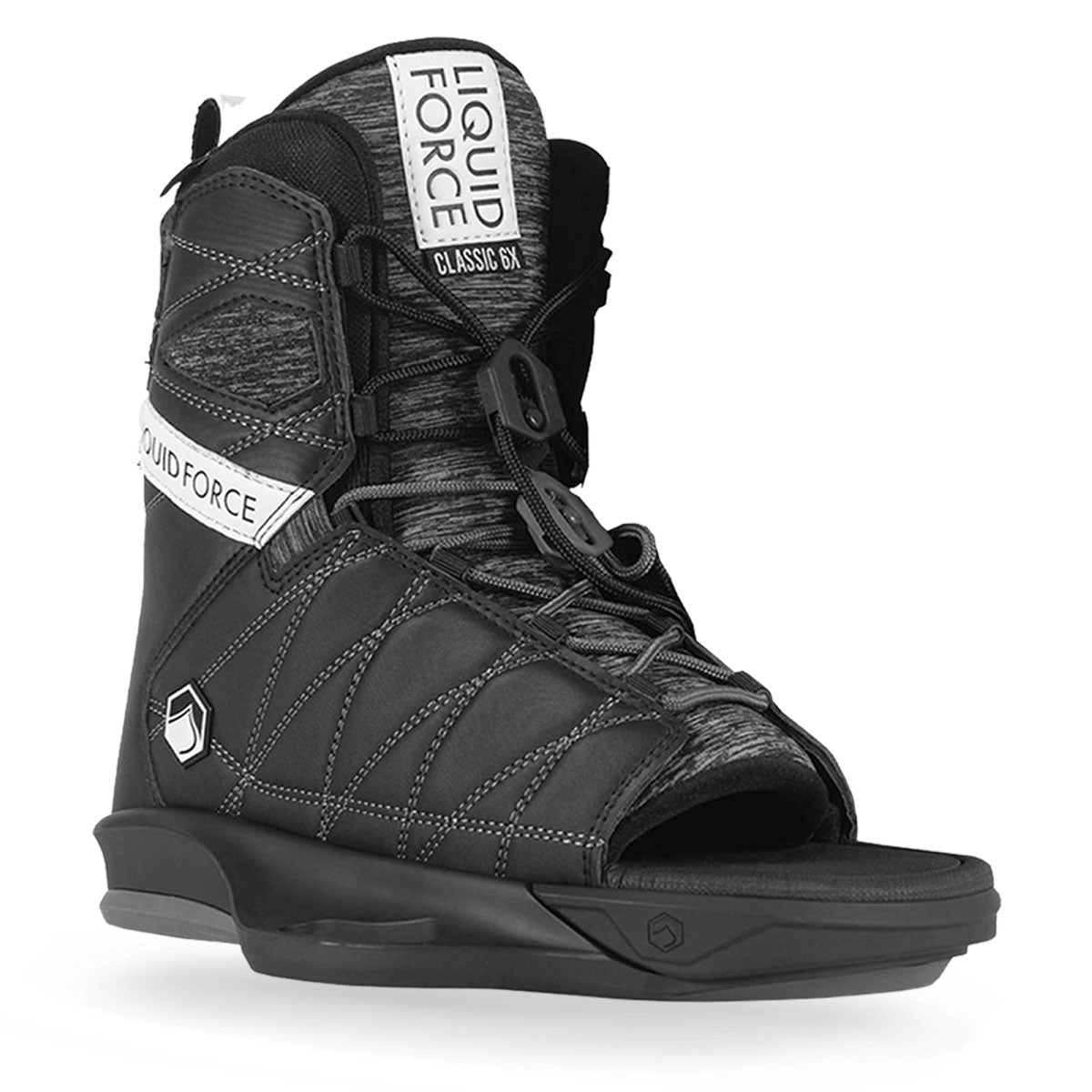 Wakeboard bindings feature an open toe design with white logo accents.