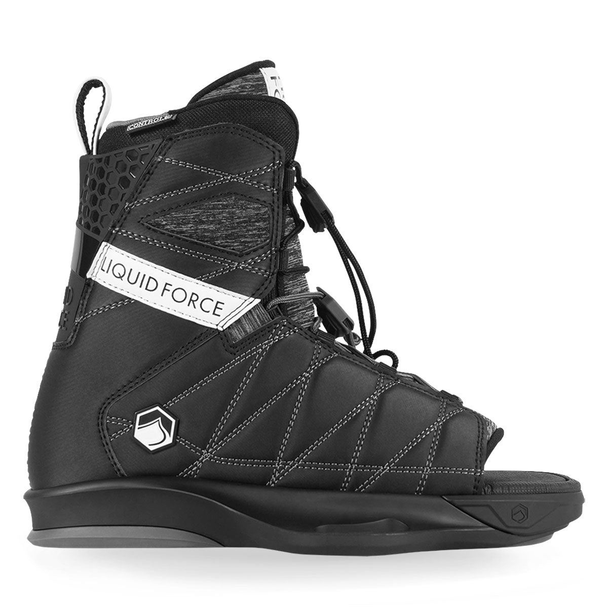 Side view of wakeboard bindings in black showcasing laces and white badging / branding.