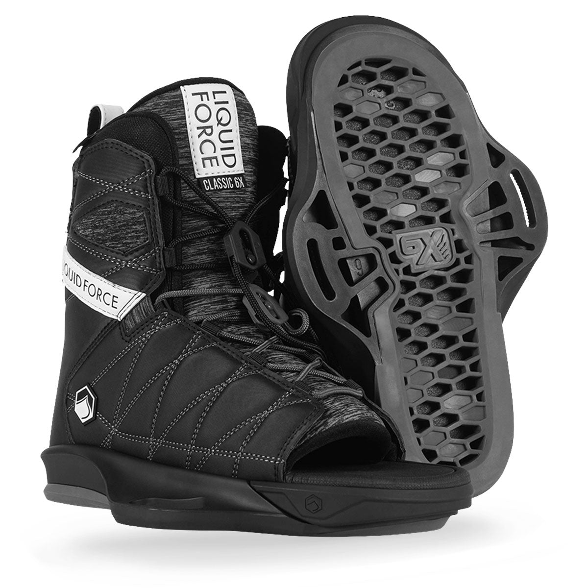 Wakeboard bindings feature an open toe design with white logo accents.