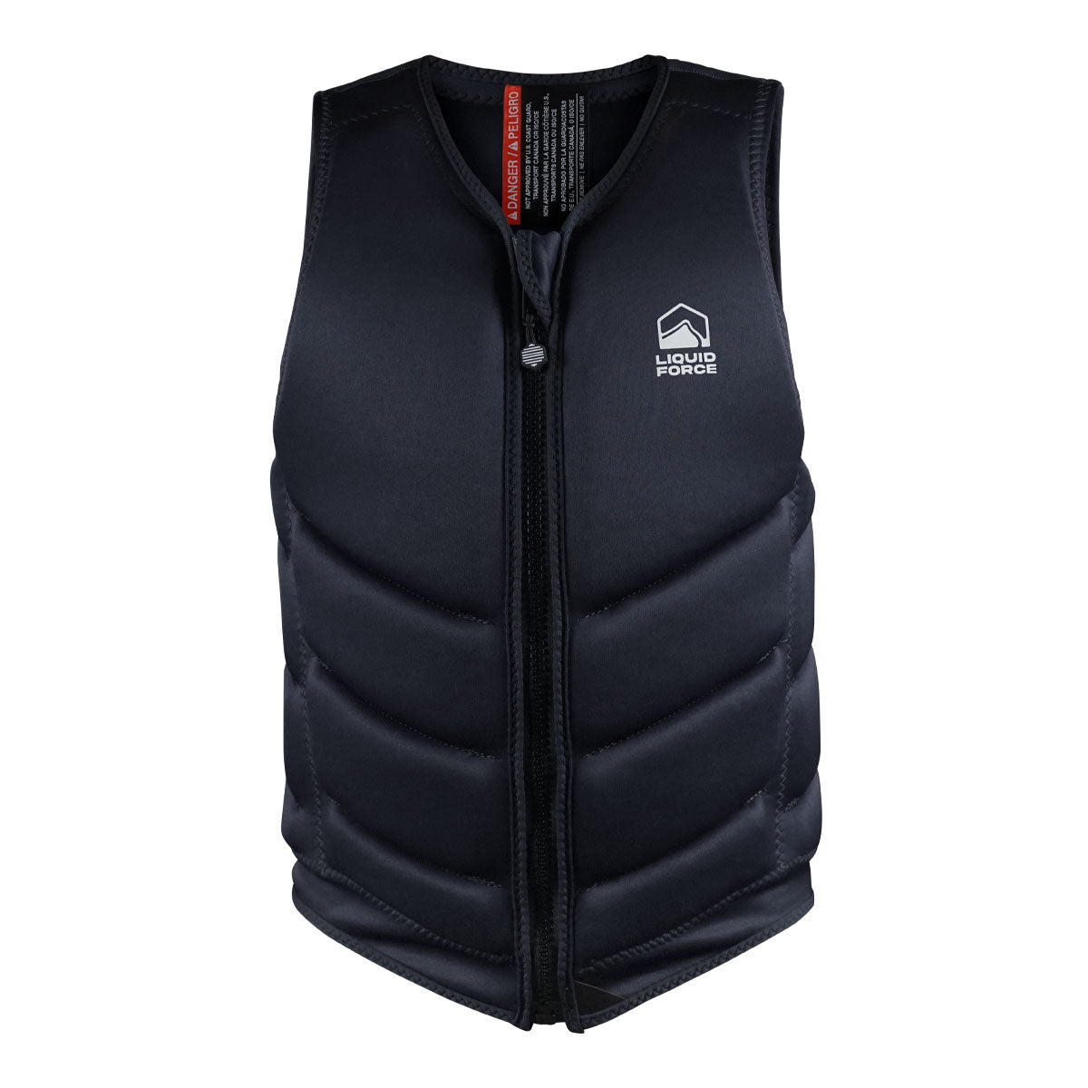 Front view of Black Core Comp vest with a front zipper and Liquid Force logo.