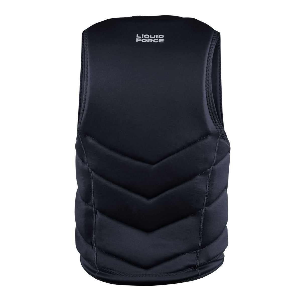 Rear view of Black padded Core Comp vest with Liquid Force logo on upper back.