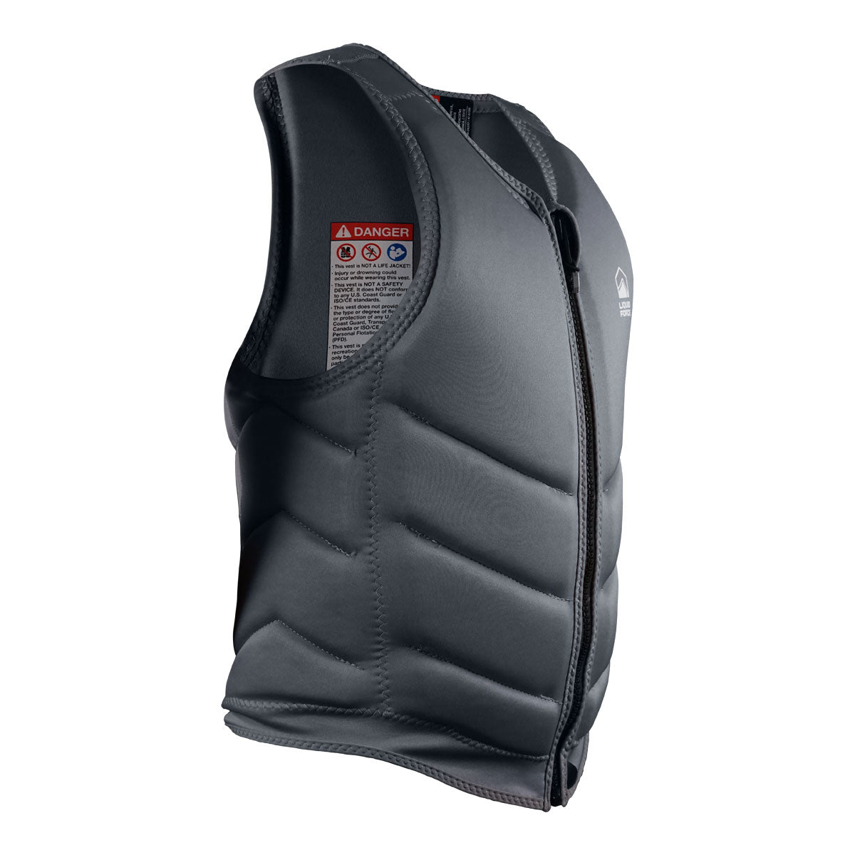 Front view of Core Comp vest, gray with black zipper, padded sections, and Liquid Force chest logo.