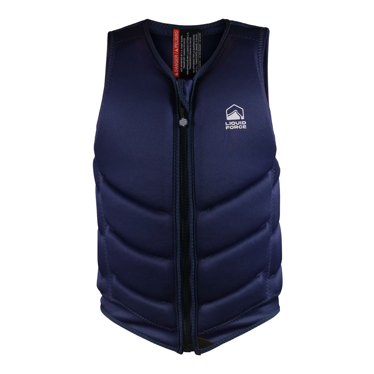 Front view of Navy Core Comp vest by Liquid Force with front zipper and padded design.