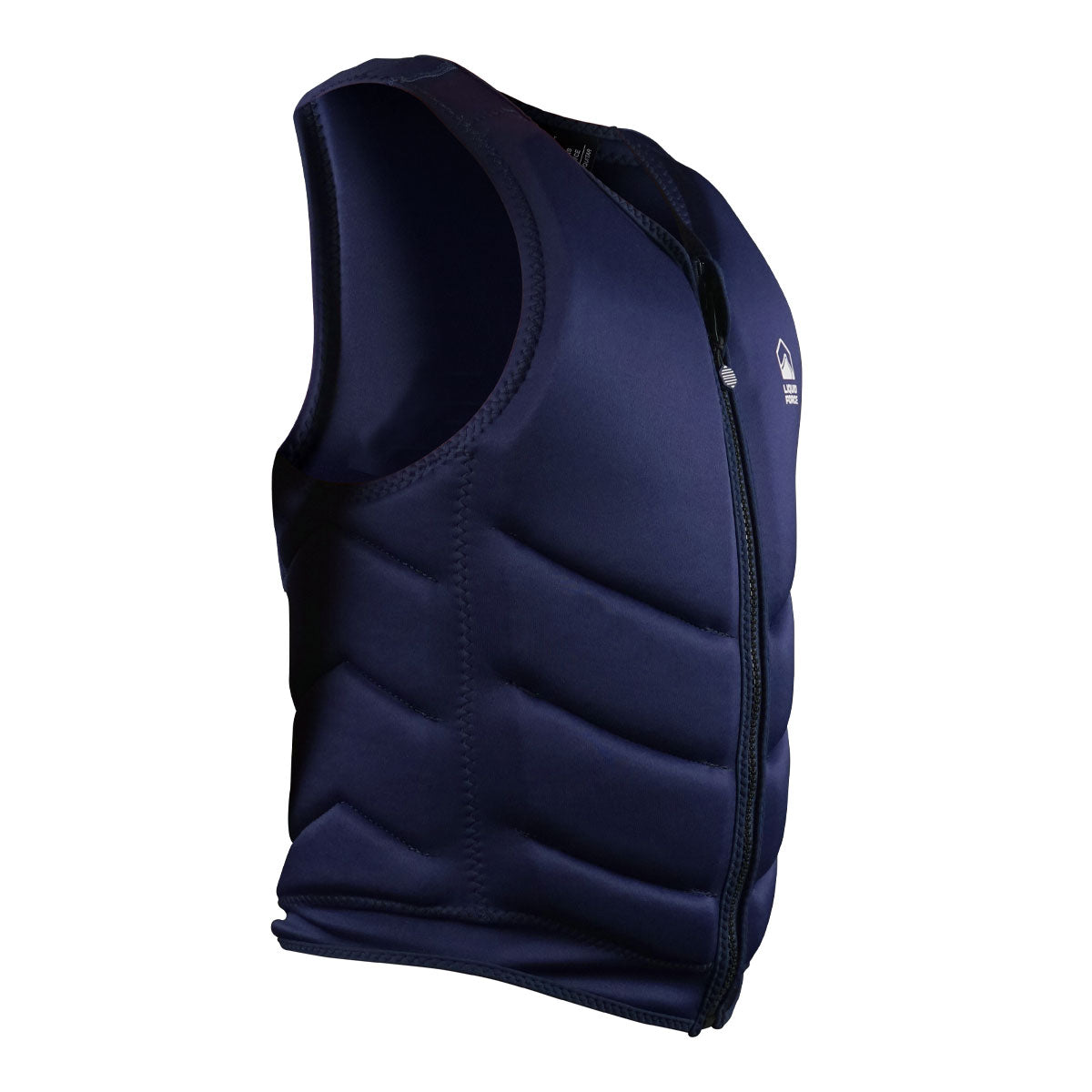 Front angled view of Core Comp vest, dark blue with front zipper &amp; chest logo.