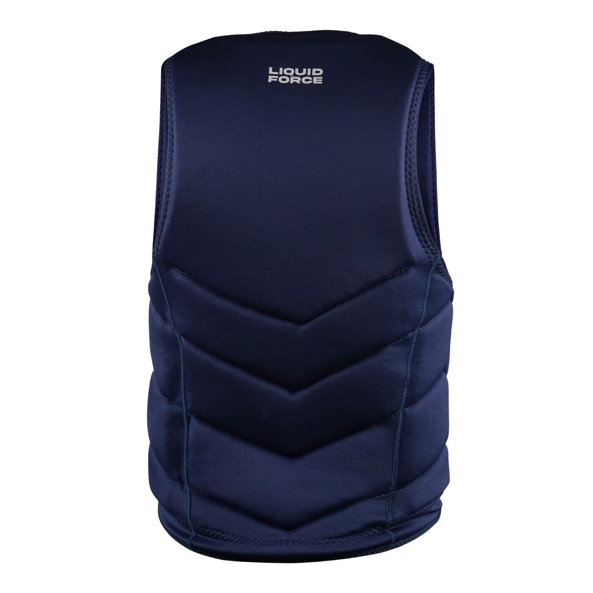 Rear view of Navy blue Core Comp vest with Liquid Force logo on the back.