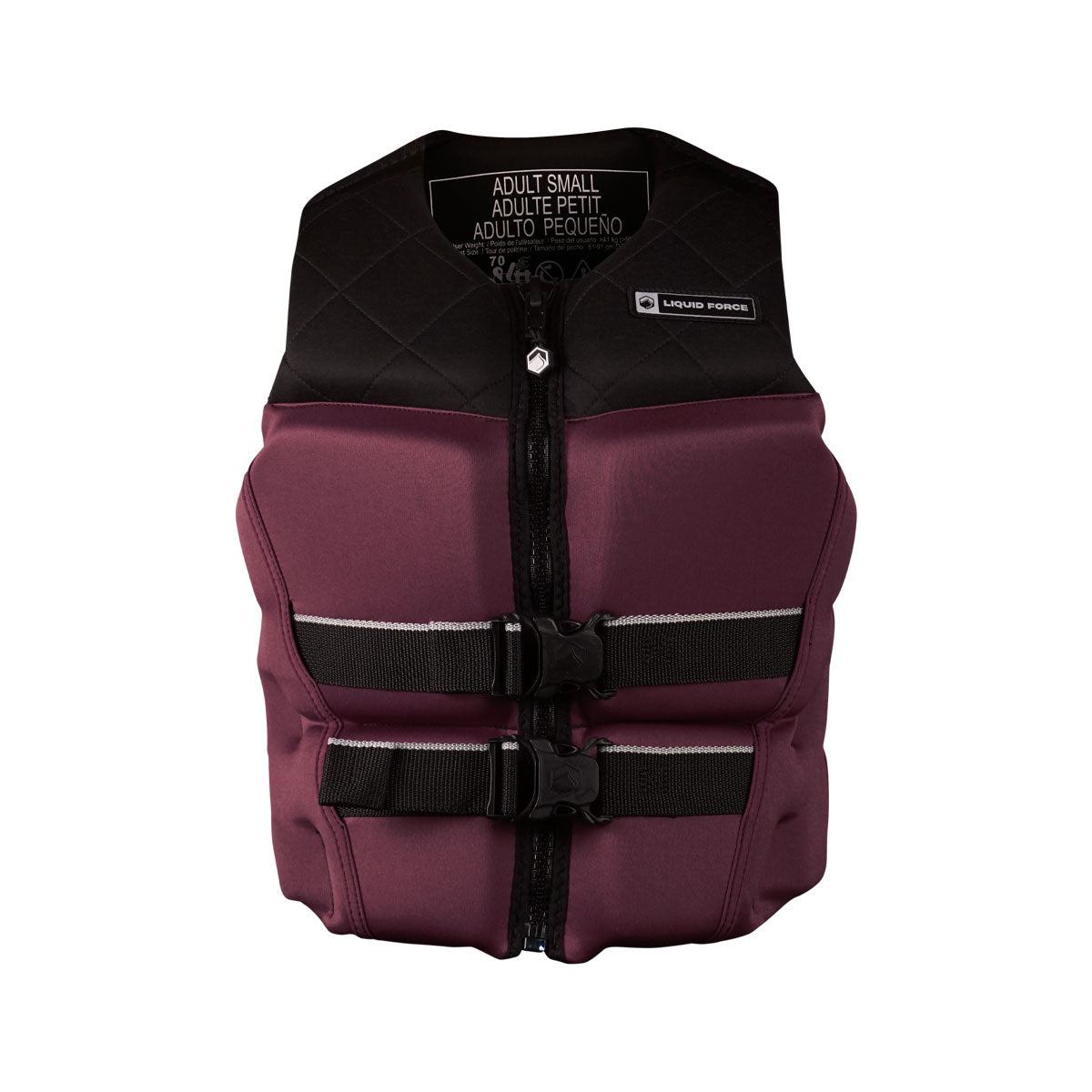 Front view of Womens Diva Heritage CGA maroon life jacket with black collar and two front buckles.