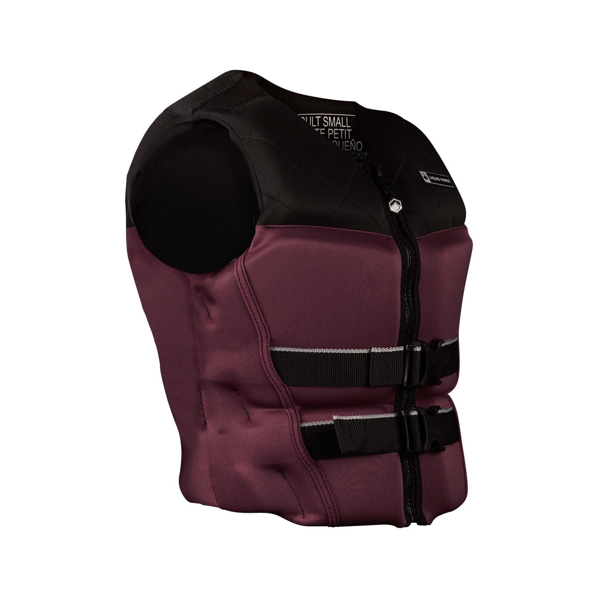 Front angled view of Womens Diva Heritage CGA: Maroon/black life jacket with front zipper and buckle straps.