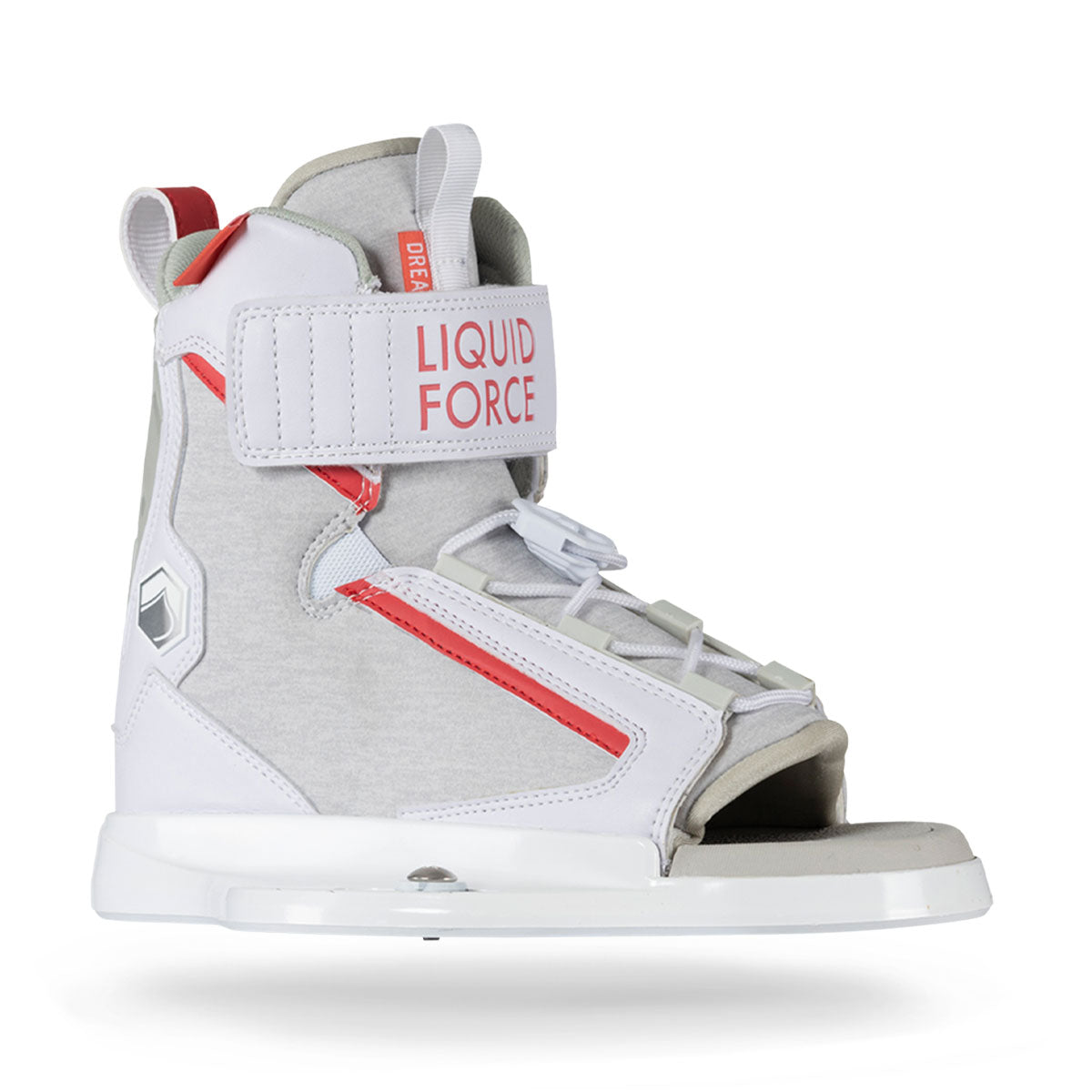 White and gray wakeboard bindings with red accents and brand name on the ankle strap.