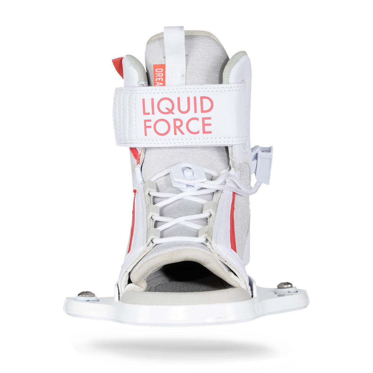 Wake bindings in white with red accents and laces, front view.