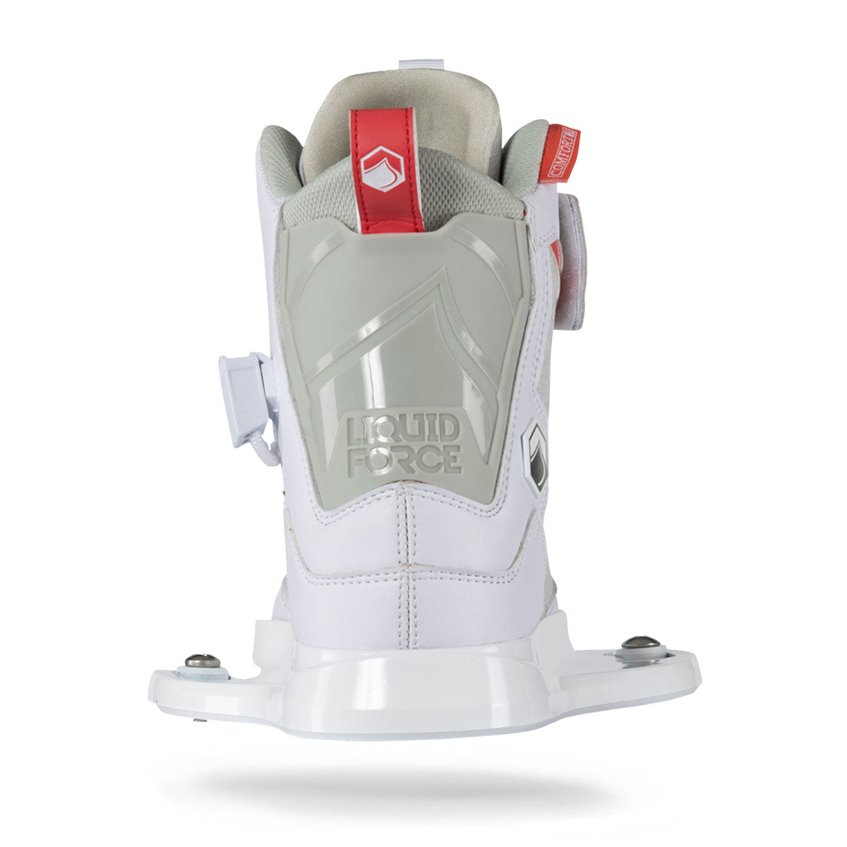 White wakeboard binding with red accents, rear view.