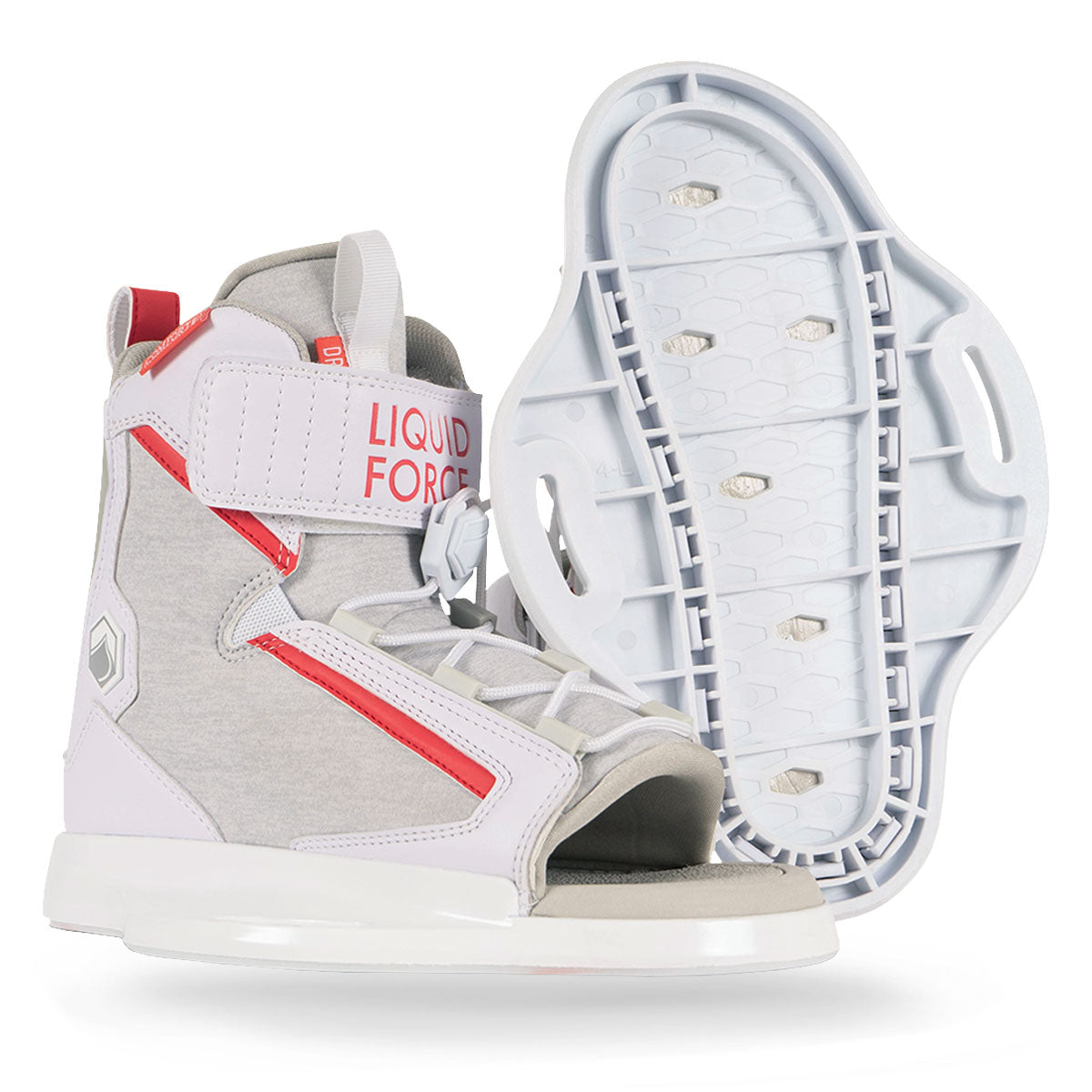 Gray and white wakeboard bindings with red accents, showing one sole view and one profile view.