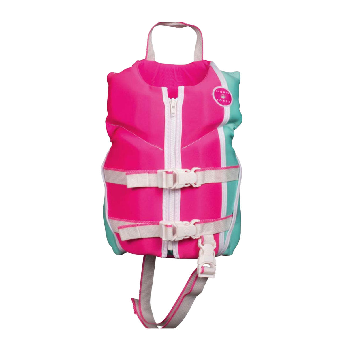 Front view of Bright pink/turquoise Dream Child CGA life jacket with buckles and a handle.