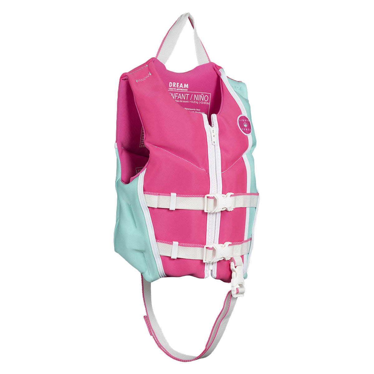 Front angled view of Dream Child CGA Life Jacket in pink and teal with white straps and top handle.