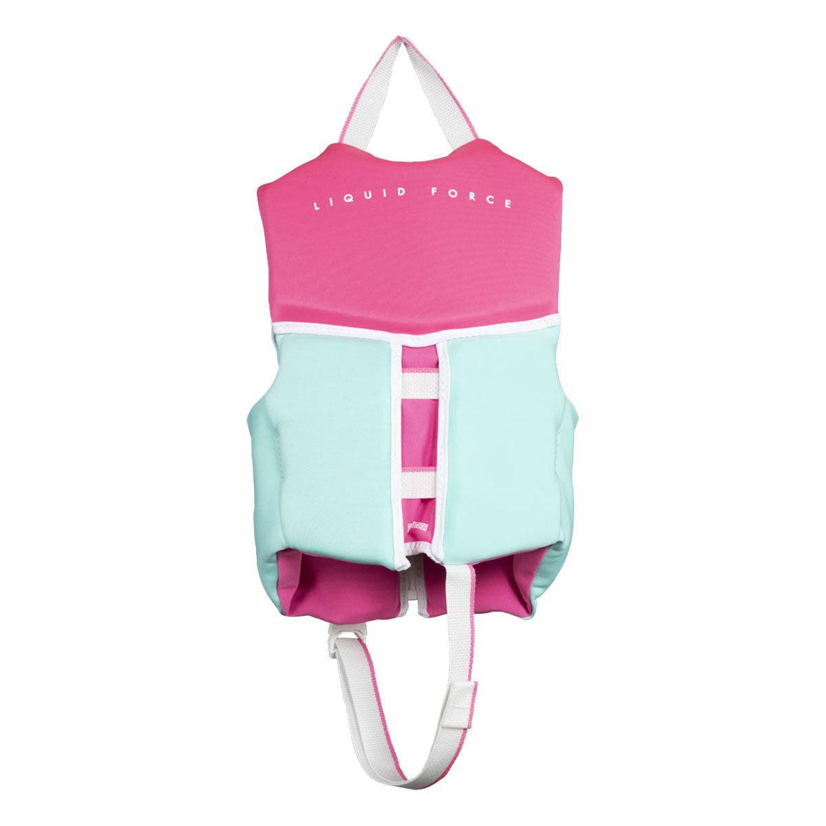Rear view of Dream Child CGA life jacket in pink and teal on a white background.